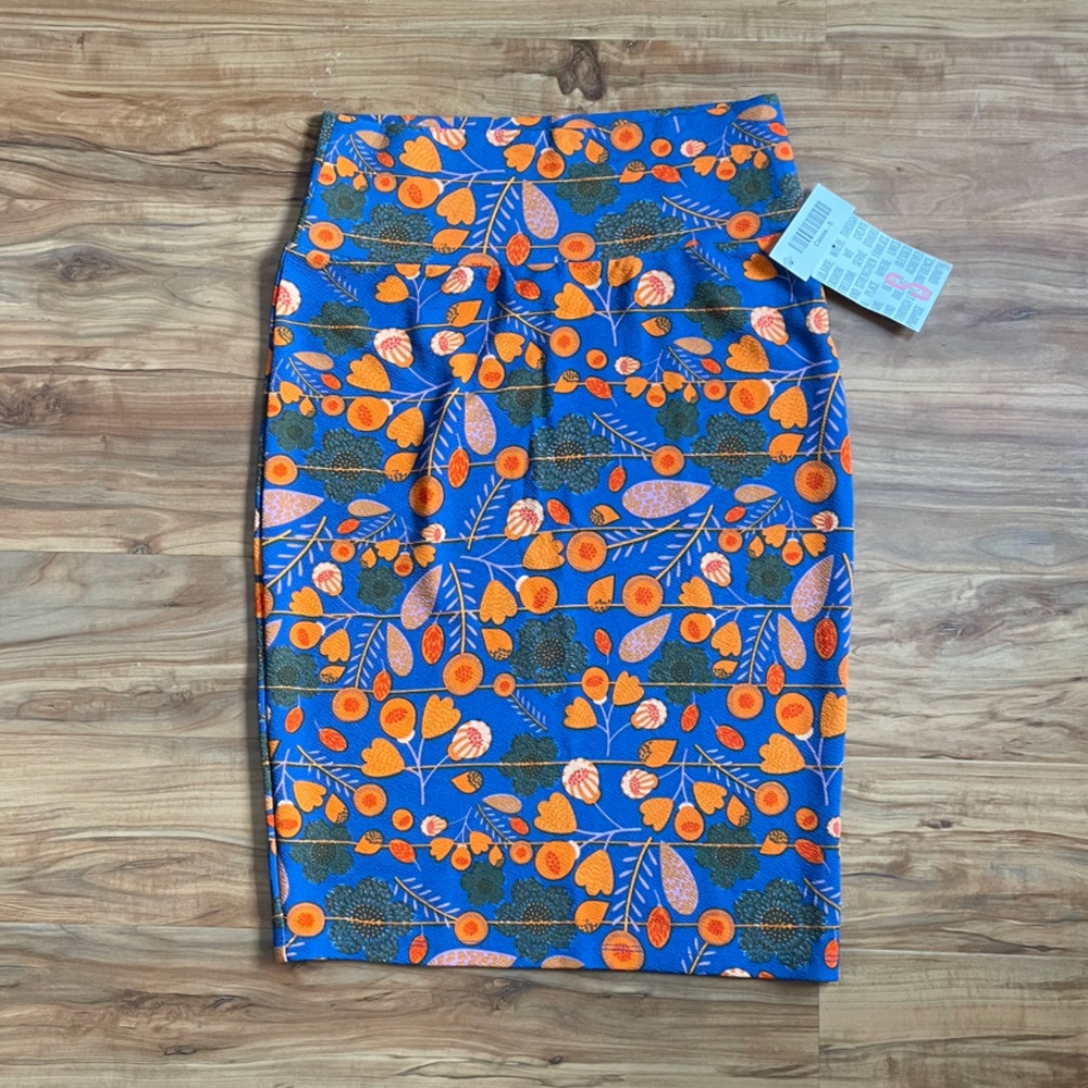 LuLaRoe S Cassie Floral Blue Orange Skirt Retro Midi Business Office